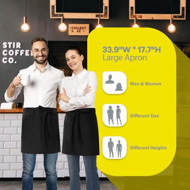 Alt view image 6 of 6 - Server Apron Black with 3 Pockets 18" Half Bistro Aprons Waterproof