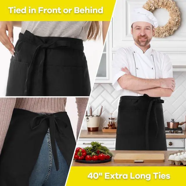 Alt view image 5 of 6 - Server Apron Black with 3 Pockets 18" Half Bistro Aprons Waterproof