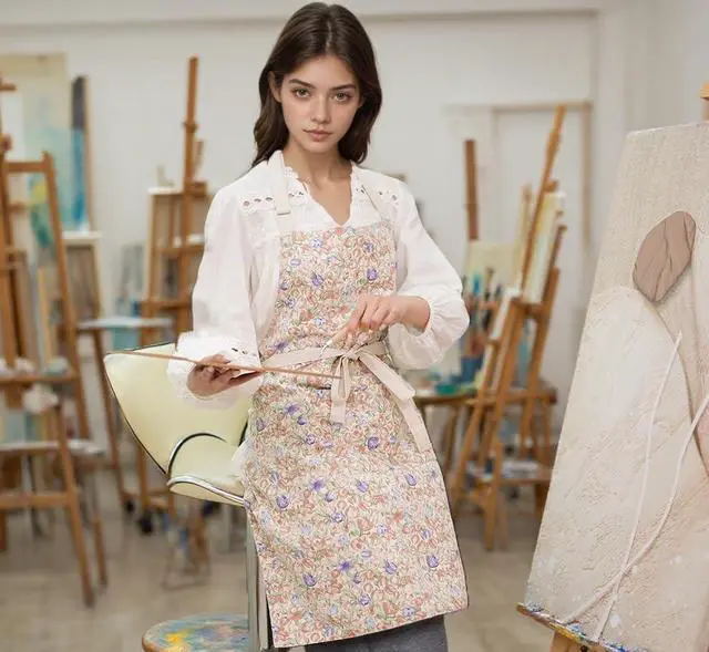 Alt view image 2 of 7 - Kitchen Aprons for Women with 2 Pockets,Double Sided Vintage Adjustable Apron for Gardening Cooking Arting Painting (Brown/Pink Flowers)