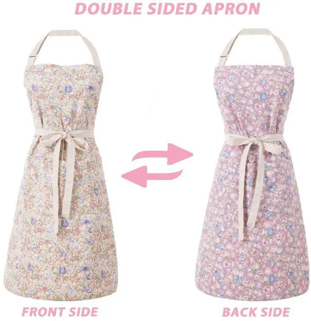 Alt view image 4 of 7 - Kitchen Aprons for Women with 2 Pockets,Double Sided Vintage Adjustable Apron for Gardening Cooking Arting Painting (Brown/Pink Flowers)