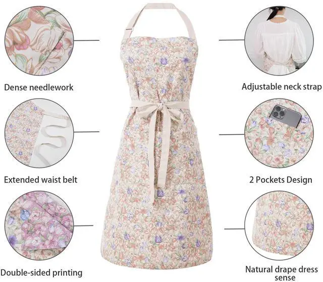 Alt view image 5 of 7 - Kitchen Aprons for Women with 2 Pockets,Double Sided Vintage Adjustable Apron for Gardening Cooking Arting Painting (Brown/Pink Flowers)