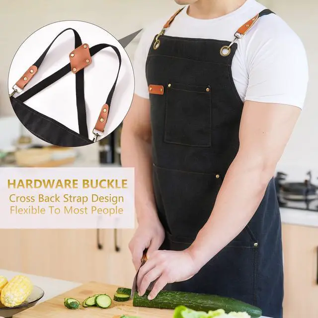 Alt view image 2 of 7 - Canvas Aprons for Men Chef Apron, Work Apron with Large Pockets - Durable 16oz Heavy Duty Cross Back, BBQ, Cooking (Black, 1 Pack)