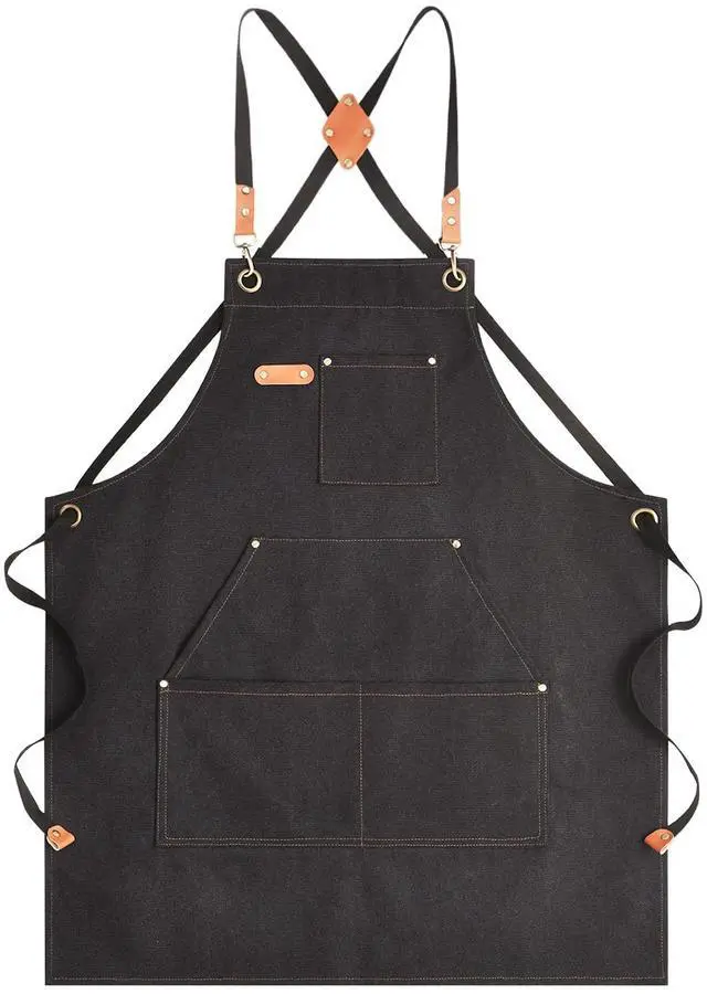 Main image of Canvas Aprons for Men Chef Apron, Work Apron with Large Pockets - Durable 16oz Heavy Duty Cross Back, BBQ, Cooking (Black, 1 Pack)