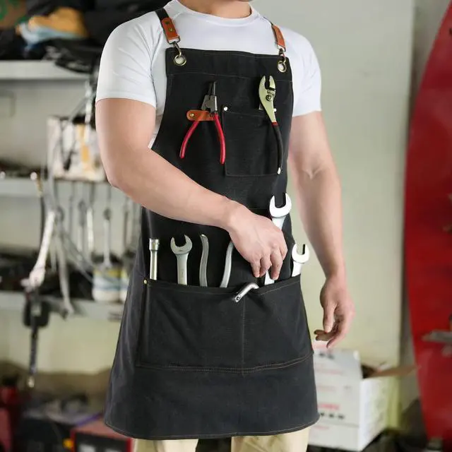 Alt view image 4 of 7 - Canvas Aprons for Men Chef Apron, Work Apron with Large Pockets - Durable 16oz Heavy Duty Cross Back, BBQ, Cooking (Black, 1 Pack)