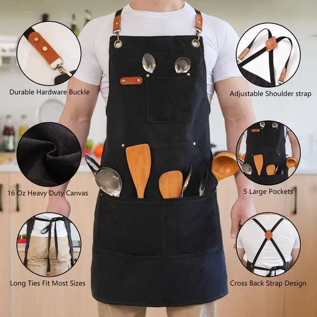 Alt view image 6 of 7 - Canvas Aprons for Men Chef Apron, Work Apron with Large Pockets - Durable 16oz Heavy Duty Cross Back, BBQ, Cooking (Black, 1 Pack)