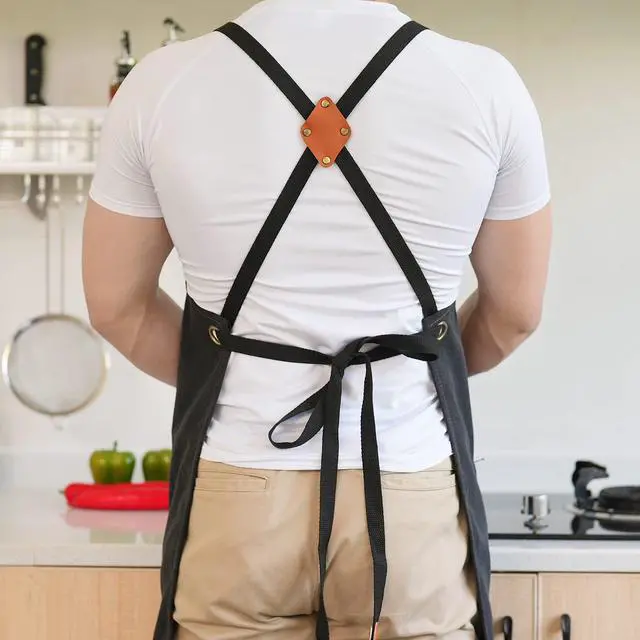 Alt view image 5 of 7 - Canvas Aprons for Men Chef Apron, Work Apron with Large Pockets - Durable 16oz Heavy Duty Cross Back, BBQ, Cooking (Black, 1 Pack)