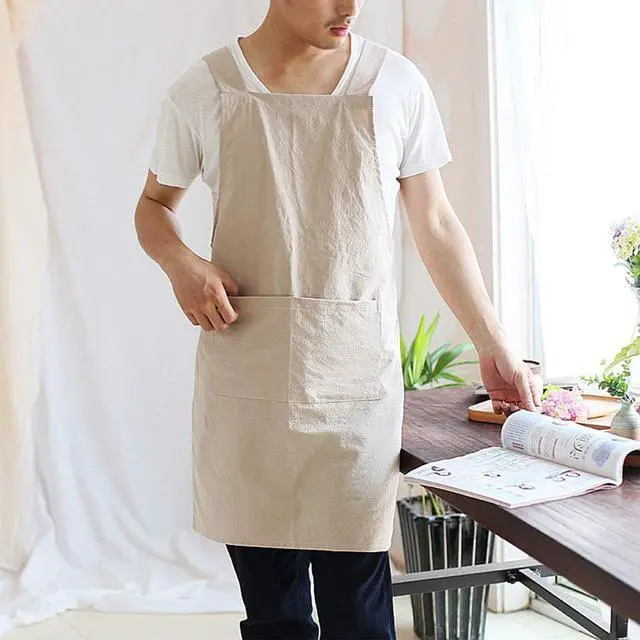 Alt view image 2 of 6 - Japanese Linen Cross Back Kitchen Cooking Aprons for Men with Pockets for Baking Painting Gardening Cleaning Khaki