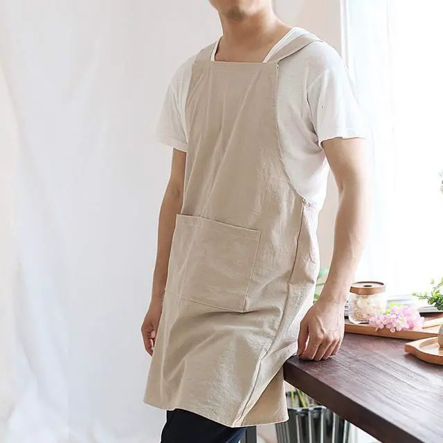 Alt view image 3 of 6 - Japanese Linen Cross Back Kitchen Cooking Aprons for Men with Pockets for Baking Painting Gardening Cleaning Khaki