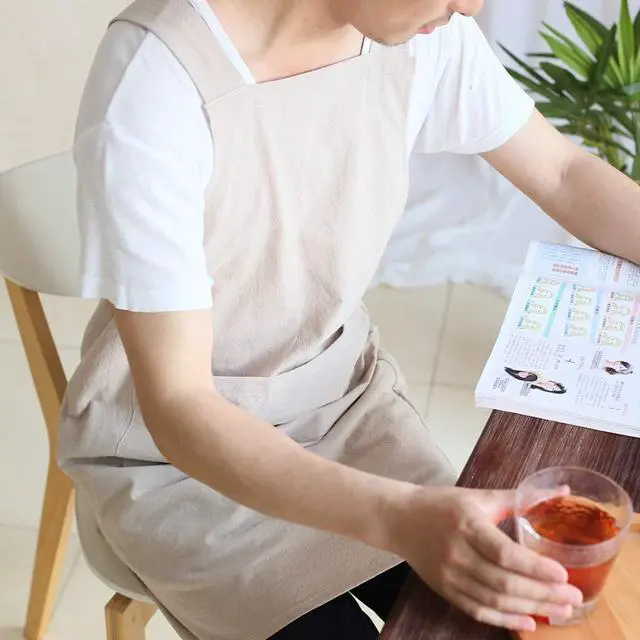 Alt view image 4 of 6 - Japanese Linen Cross Back Kitchen Cooking Aprons for Men with Pockets for Baking Painting Gardening Cleaning Khaki