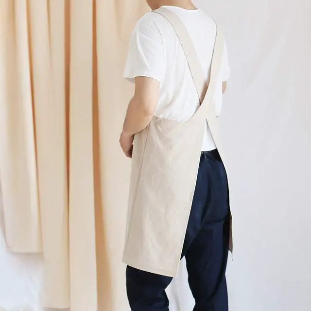 Alt view image 5 of 6 - Japanese Linen Cross Back Kitchen Cooking Aprons for Men with Pockets for Baking Painting Gardening Cleaning Khaki