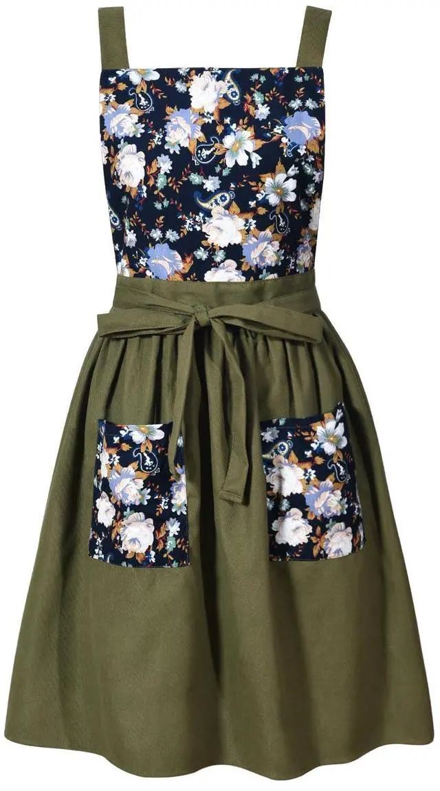 Main image of Vintage Pinafore Apron Dress for Women with Pockets Cute Floral Chef Aprons for Kitchen Cooking Baking Gardening (Olive Green)