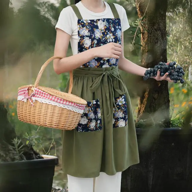 Alt view image 2 of 7 - Vintage Pinafore Apron Dress for Women with Pockets Cute Floral Chef Aprons for Kitchen Cooking Baking Gardening (Olive Green)