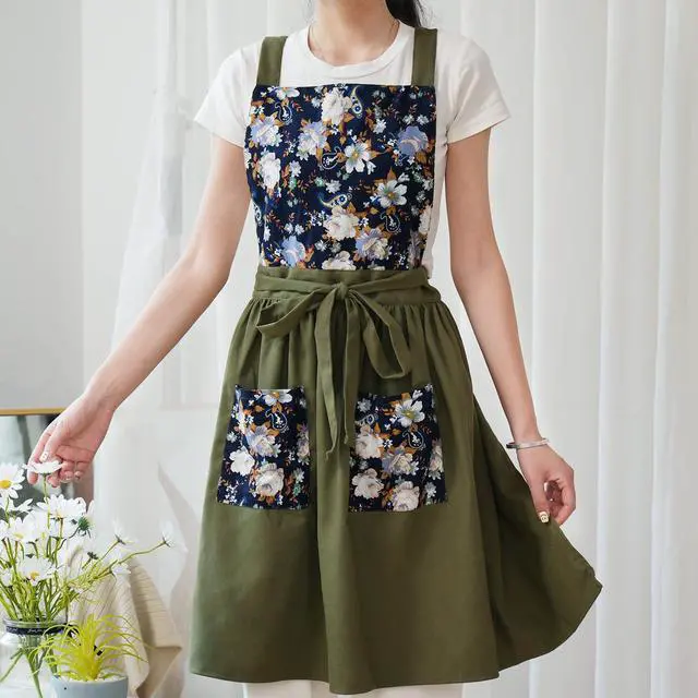 Alt view image 3 of 7 - Vintage Pinafore Apron Dress for Women with Pockets Cute Floral Chef Aprons for Kitchen Cooking Baking Gardening (Olive Green)