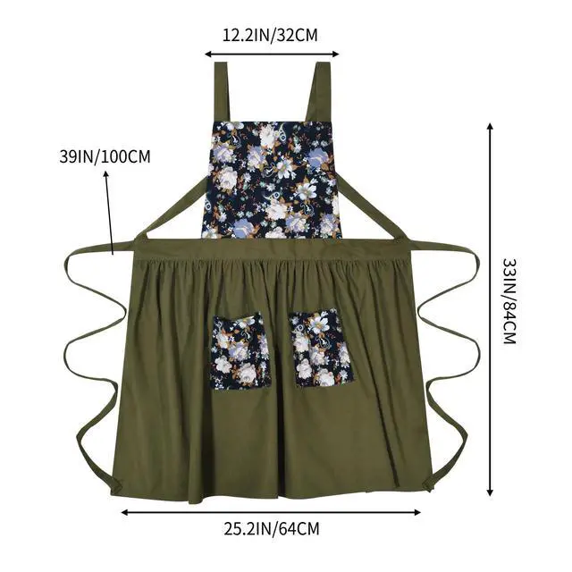 Alt view image 4 of 7 - Vintage Pinafore Apron Dress for Women with Pockets Cute Floral Chef Aprons for Kitchen Cooking Baking Gardening (Olive Green)