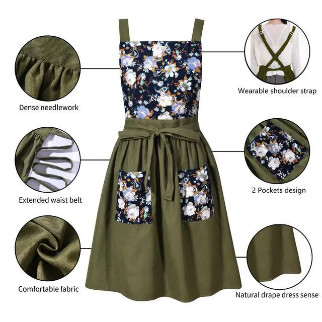 Alt view image 5 of 7 - Vintage Pinafore Apron Dress for Women with Pockets Cute Floral Chef Aprons for Kitchen Cooking Baking Gardening (Olive Green)