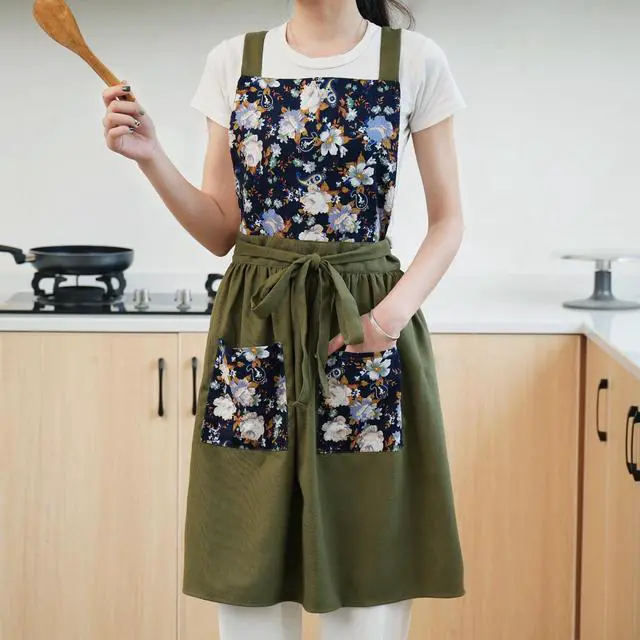 Alt view image 6 of 7 - Vintage Pinafore Apron Dress for Women with Pockets Cute Floral Chef Aprons for Kitchen Cooking Baking Gardening (Olive Green)