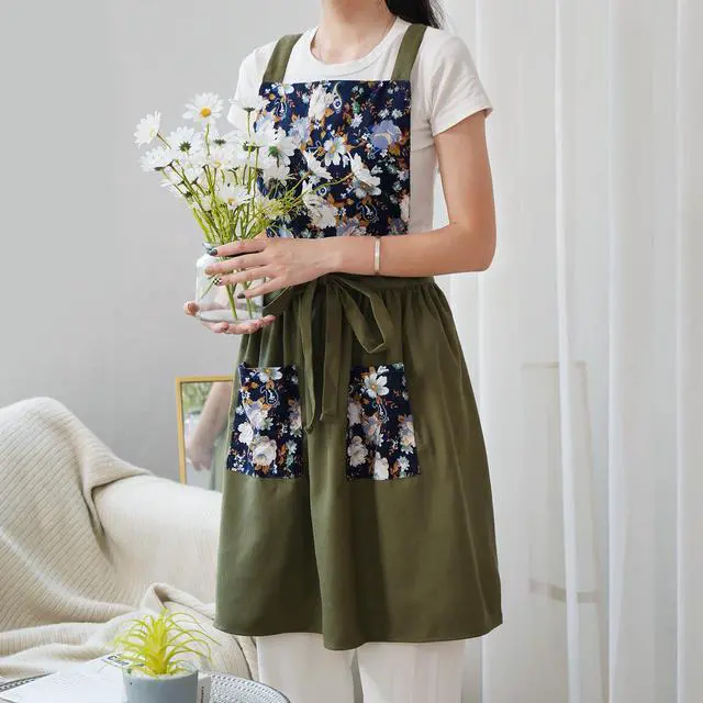 Alt view image 7 of 7 - Vintage Pinafore Apron Dress for Women with Pockets Cute Floral Chef Aprons for Kitchen Cooking Baking Gardening (Olive Green)