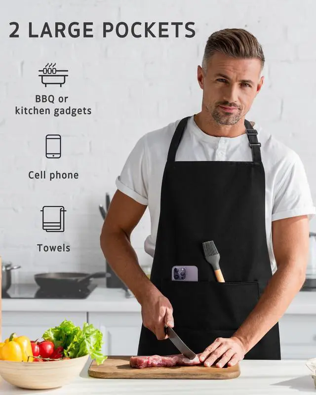 Alt view image 4 of 5 - Chef Apron for Men Women Kitchen Cooking Apron with Pockets, Adjustable Bib Aprons Stain Resistant, 1 Pack Black