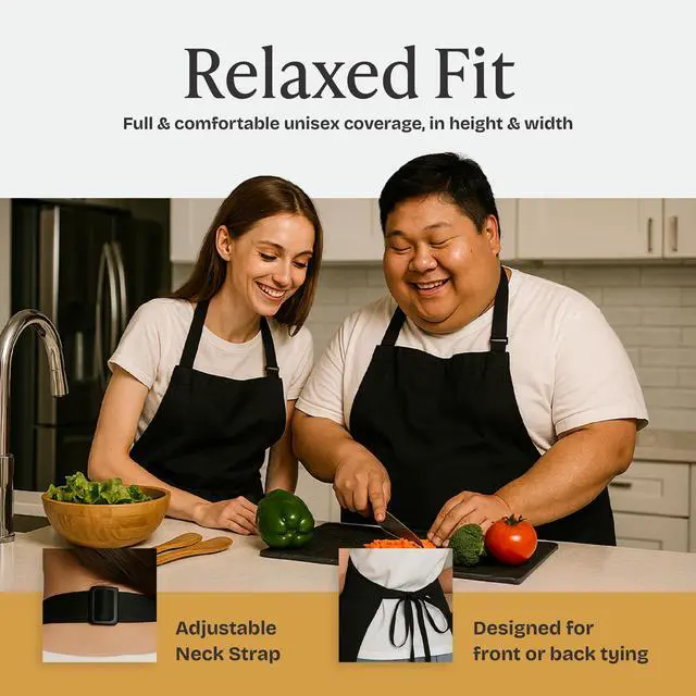 Alt view image 6 of 7 - Chef Apron for Men and Women - 33" x 27" Large with 38" Waist Ties for a Comfy and Snug Fit, Durable and Lightweight, with 2 Spacious Pockets for Your Cooking Essentials - 1-Pack, Black