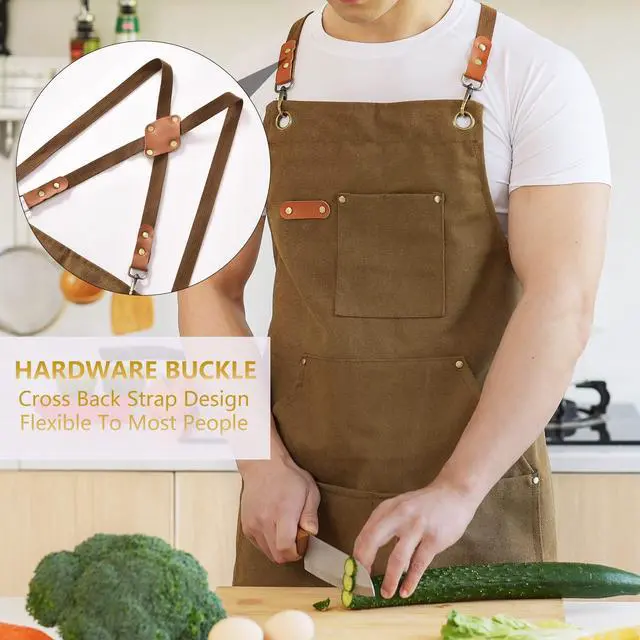 Alt view image 2 of 7 - Canvas Aprons for Men Chef Apron, Work Apron with Large Pockets - Durable 16oz Heavy Duty Cross Back, BBQ, Cooking (Brown, 1 Pack)