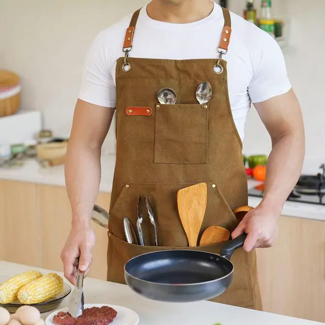 Alt view image 3 of 7 - Canvas Aprons for Men Chef Apron, Work Apron with Large Pockets - Durable 16oz Heavy Duty Cross Back, BBQ, Cooking (Brown, 1 Pack)
