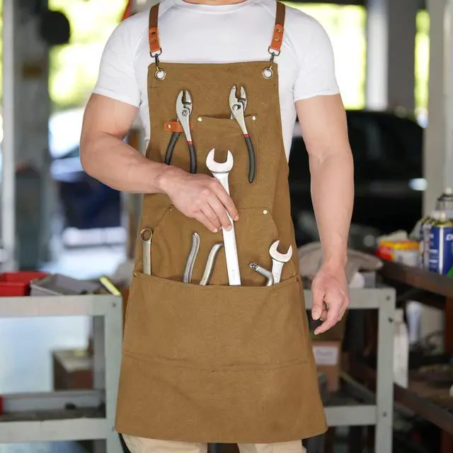 Alt view image 4 of 7 - Canvas Aprons for Men Chef Apron, Work Apron with Large Pockets - Durable 16oz Heavy Duty Cross Back, BBQ, Cooking (Brown, 1 Pack)
