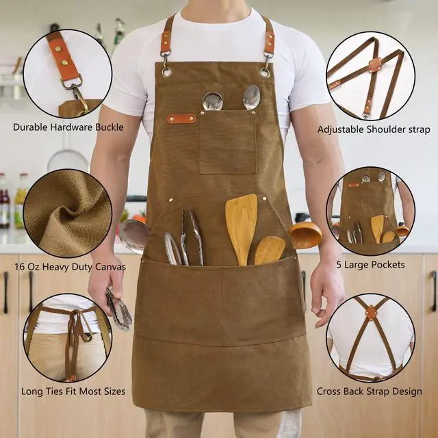 Alt view image 6 of 7 - Canvas Aprons for Men Chef Apron, Work Apron with Large Pockets - Durable 16oz Heavy Duty Cross Back, BBQ, Cooking (Brown, 1 Pack)