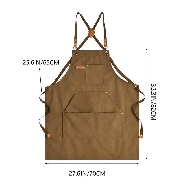 Alt view image 7 of 7 - Canvas Aprons for Men Chef Apron, Work Apron with Large Pockets - Durable 16oz Heavy Duty Cross Back, BBQ, Cooking (Brown, 1 Pack)