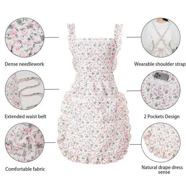 Alt view image 4 of 6 - Funny Aprons for Women with Pockets, Kitchen Cooking Grilling Bbq Cute Chef Apron, Mothers Day Birthday Gifts for Women (White/Floral)