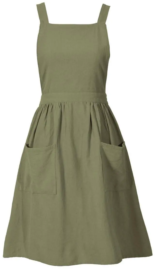 Main image of Cotton Linen Pinafore Apron Dress for Women with Pockets Cute Art Chef Aprons for Kitchen Baking Gardening Painting (Olive Green)