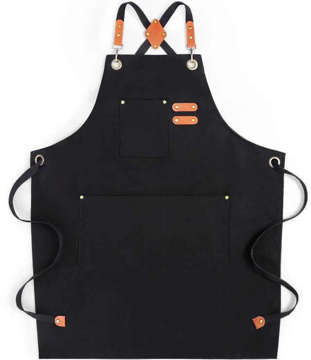 Main image of Chef Aprons for Men Women with Large Pockets, Cotton Canvas Water Repellent Kitchen Apron for Cooking-Black