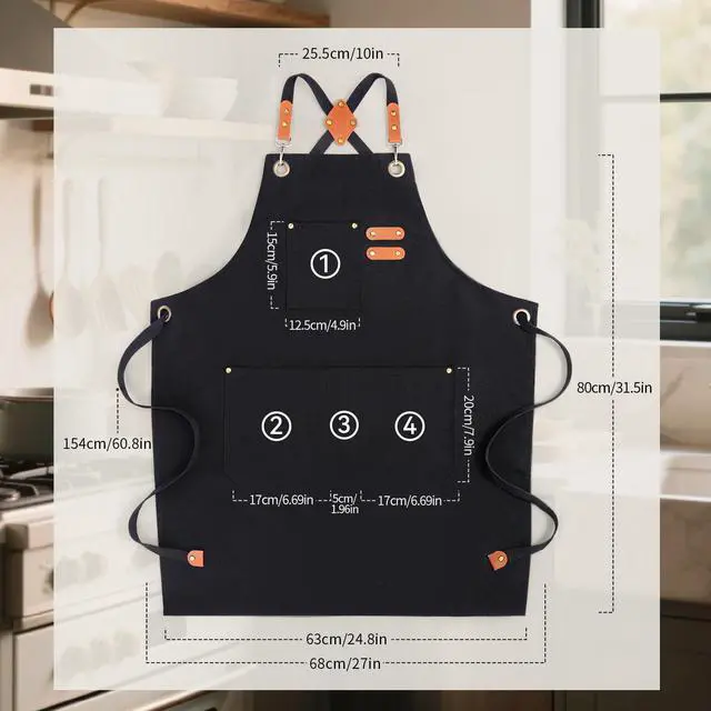 Alt view image 2 of 7 - Chef Aprons for Men Women with Large Pockets, Cotton Canvas Water Repellent Kitchen Apron for Cooking-Black