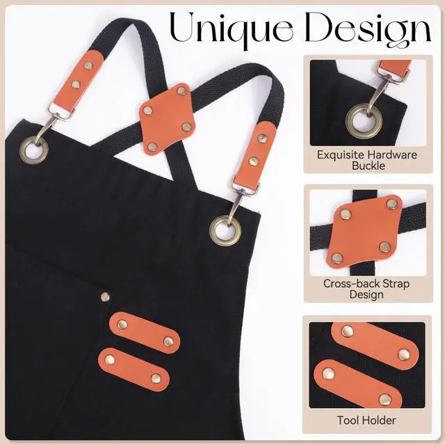 Alt view image 4 of 7 - Chef Aprons for Men Women with Large Pockets, Cotton Canvas Water Repellent Kitchen Apron for Cooking-Black