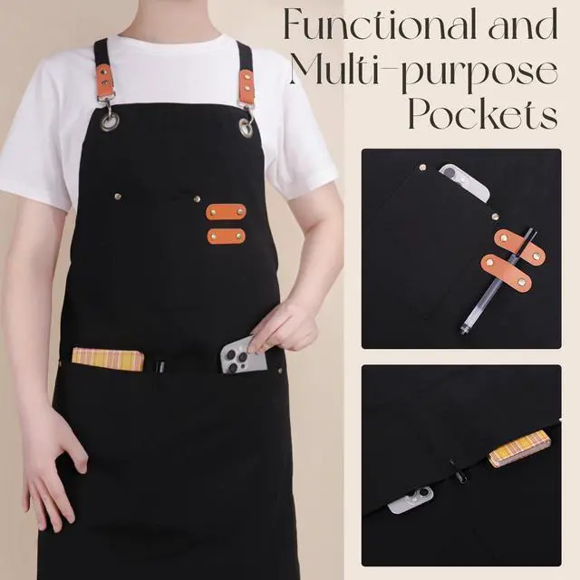 Alt view image 5 of 7 - Chef Aprons for Men Women with Large Pockets, Cotton Canvas Water Repellent Kitchen Apron for Cooking-Black