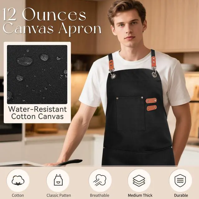 Alt view image 6 of 7 - Chef Aprons for Men Women with Large Pockets, Cotton Canvas Water Repellent Kitchen Apron for Cooking-Black