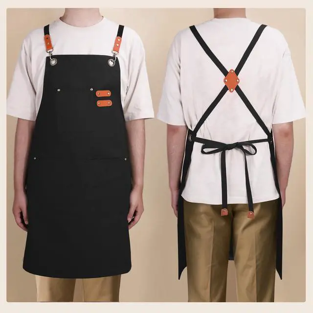 Alt view image 7 of 7 - Chef Aprons for Men Women with Large Pockets, Cotton Canvas Water Repellent Kitchen Apron for Cooking-Black