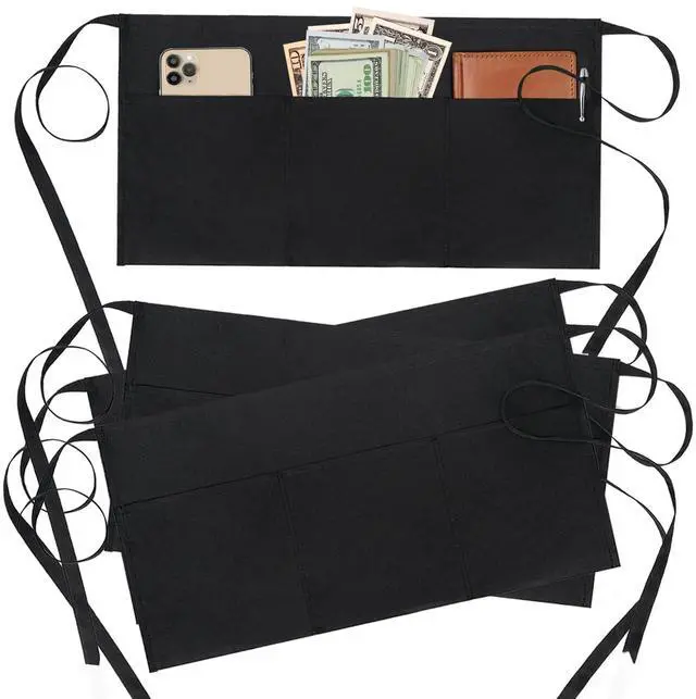 Main image of 4 Pack Waitress Apron With 3 Pockets-Black Server Aprons-Waiter Short Half Waist Servers Apron