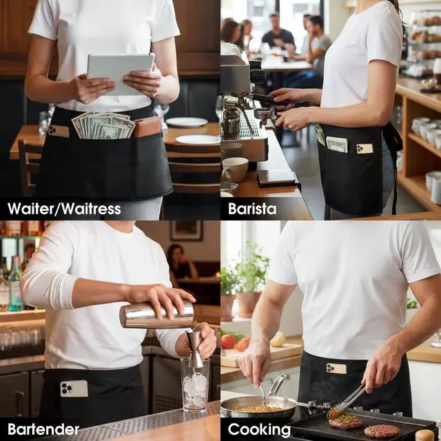Alt view image 7 of 7 - 4 Pack Waitress Apron With 3 Pockets-Black Server Aprons-Waiter Short Half Waist Servers Apron