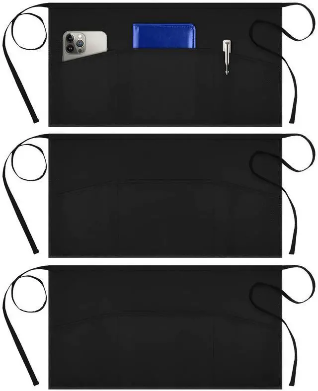 Main image of 3 Pack Server Aprons with 3 Pockets, Waterdrop Resistant Waitress Waiter Waist Apron, 11.5-inch Black