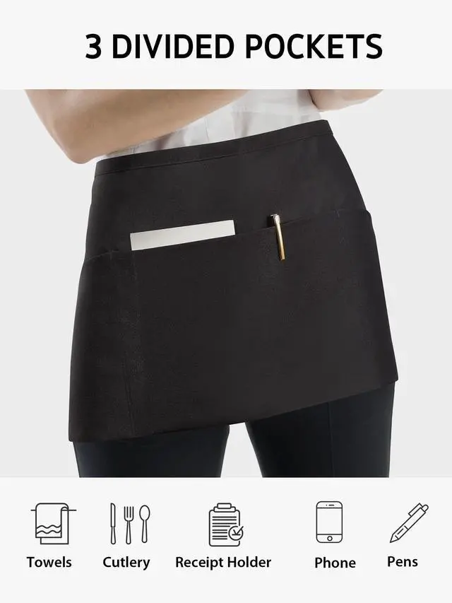 Alt view image 5 of 6 - 3 Pack Server Aprons with 3 Pockets, Waterdrop Resistant Waitress Waiter Waist Apron, 11.5-inch Black