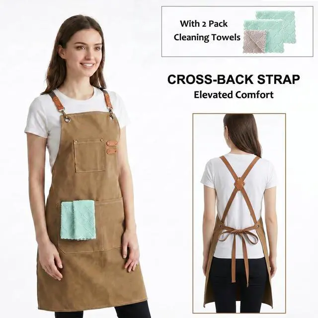 Alt view image 3 of 7 - Chef Apron, Cotton Canvas Cross Back Apron with Pockets for Women and Men,Adjustable Strap and Large Pockets Apron,Kitchen Cooking Baking Bib Apron