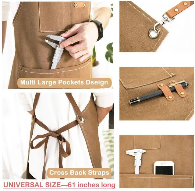 Alt view image 5 of 7 - Chef Apron, Cotton Canvas Cross Back Apron with Pockets for Women and Men,Adjustable Strap and Large Pockets Apron,Kitchen Cooking Baking Bib Apron