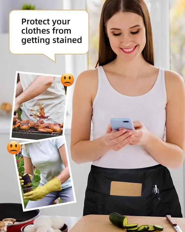 Alt view image 4 of 7 - Server Aprons with 4 Pockets, Unisex Waitress Waiter Waist Apron for Women and Man Half Black 11.5''