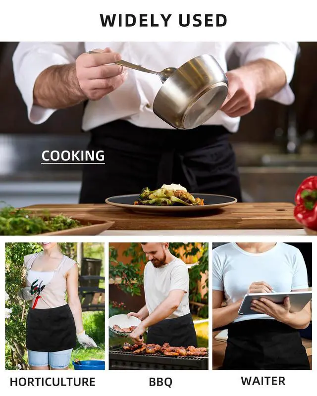 Alt view image 3 of 7 - Server Aprons with 4 Pockets, Unisex Waitress Waiter Waist Apron for Women and Man Half Black 11.5''