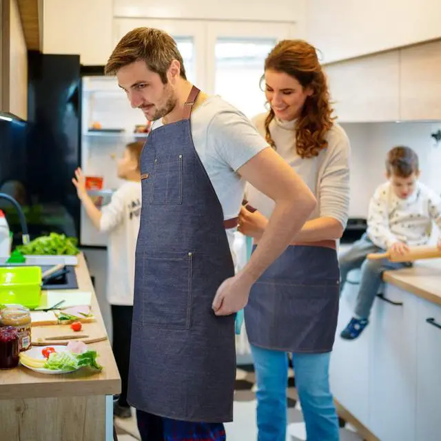 Alt view image 7 of 7 - 2 Pack Blue Unisex Waist Denim Aprons for Home and Kitchen,Chef Denim Apron For Waitress Half Short Aprons Restaurant For Women Men Serve