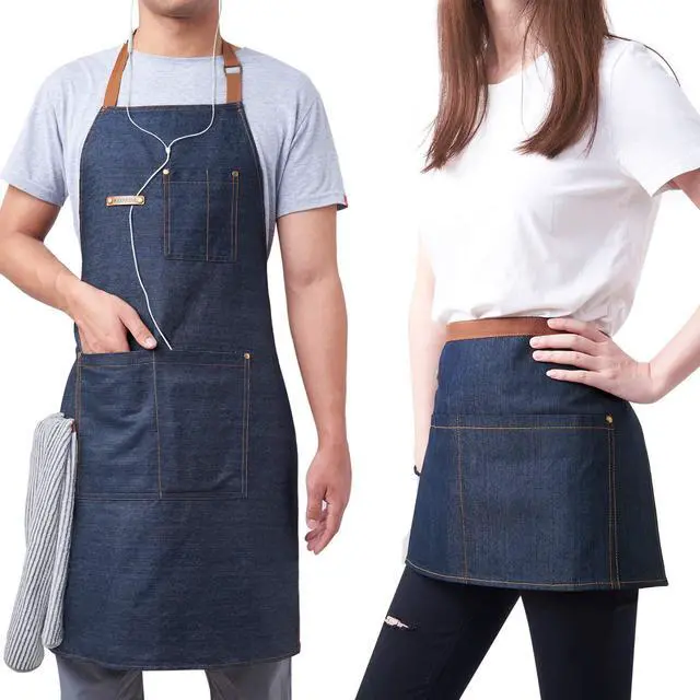 Alt view image 6 of 7 - 2 Pack Blue Unisex Waist Denim Aprons for Home and Kitchen,Chef Denim Apron For Waitress Half Short Aprons Restaurant For Women Men Serve