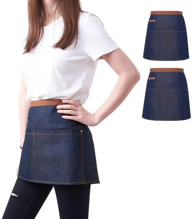 Main image of 2 Pack Blue Unisex Waist Denim Aprons for Home and Kitchen,Chef Denim Apron For Waitress Half Short Aprons Restaurant For Women Men Serve