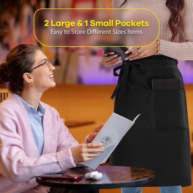 Alt view image 4 of 6 - Long Server Apron Black with 3 Pockets 28" Bistro Aprons Waterproof