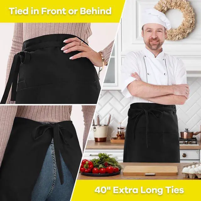 Alt view image 5 of 6 - Long Server Apron Black with 3 Pockets 28" Bistro Aprons Waterproof
