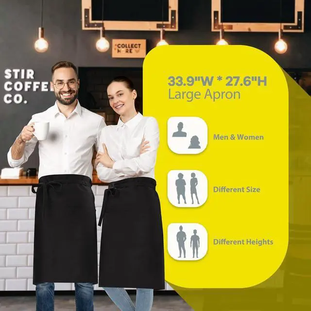 Alt view image 6 of 6 - Long Server Apron Black with 3 Pockets 28" Bistro Aprons Waterproof